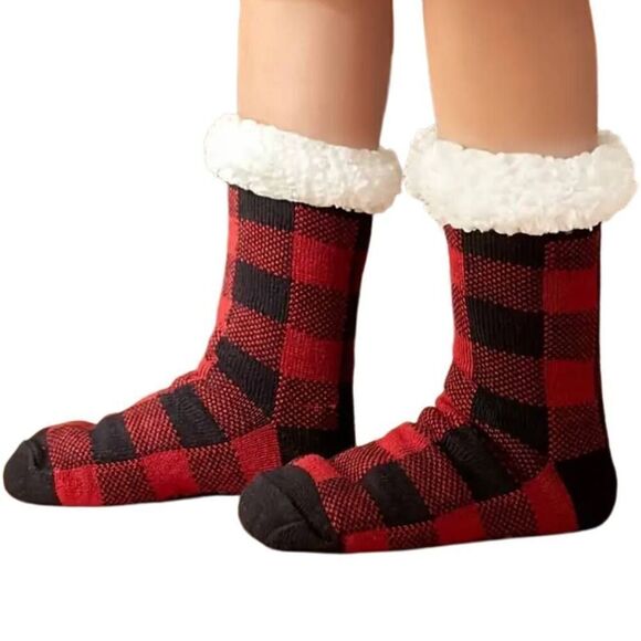 Winter Fleece Plaid Non Skid Socks -I - Picture 1 of 5